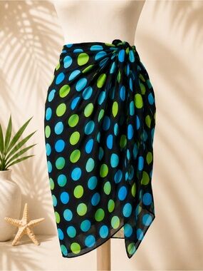 La Blanca Polka Dot Sarong Wrap Swim Cover-Up Blue Lime 25” L Pristine